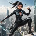 An action-ready Akali, leaping through the air in a black leather combat suit, with a cityscape skyline visible through a shattered glass window behind her.