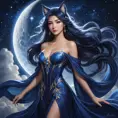 An enchanting Ahri, her form draped in a flowing, ethereal gown of midnight blue, adorned with stars and moons, standing beneath a celestial canopy, her eyes reflecting the cosmos, embodying cosmic allure.