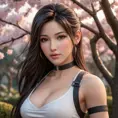 A stunning Tifa Lockhart standing in a serene cherry blossom garden at sunset, her hair flowing gently in the breeze, with a soft, warm glow illuminating her face, capturing her iconic beauty and strength