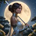 Fiora, the epitome of elegance, is depicted in a serene garden at twilight, her silhouette outlined against the moon, her sword reflecting the soft glow, creating a mystical atmosphere