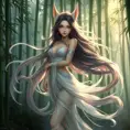 Ahri, portrayed in a playful style, with flowing, translucent tails and a gentle, serene expression, standing in a tranquil bamboo forest at dawn, the soft light enhancing her delicate features.