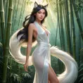 Ahri, in a playful style with flowing, translucent tails and a gentle, serene expression, standing in a tranquil bamboo forest at dawn, the soft light enhancing her delicate features.