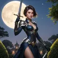 Fiora, the epitome of elegance, is depicted in a serene garden at twilight, her silhouette outlined against the moon, her sword reflecting the soft glow, creating a mystical atmosphere