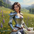 Fiora, the graceful duelist, stands in a sunlit meadow with wildflowers blooming around her, her rapier held elegantly in one hand, her expression calm and confident, digital art style