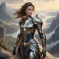 Fiora, the valiant knight, stands atop a cliff overlooking a vast, misty landscape, her armor adorned with intricate designs, the wind gently blowing her hair, captured in a realistic painting style