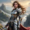 Fiora, the valiant knight, stands atop a cliff overlooking a vast, misty landscape, her armor adorned with intricate designs, the wind gently blowing her hair, captured in a realistic painting style