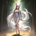 Ahri, portrayed in a playful style, with flowing, translucent tails and a gentle, serene expression, standing in a tranquil bamboo forest at dawn, the soft light enhancing her delicate features.