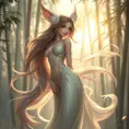 Ahri, portrayed in a playful style, with flowing, translucent tails and a gentle, serene expression, standing in a tranquil bamboo forest at dawn, the soft light enhancing her delicate features.