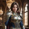 A portrait of Fiora, the noble warrior, in a grand library filled with ancient tomes, her armor gleaming under the soft light of chandeliers, her eyes sharp and focused, rendered in high detail