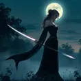 Fiora, the epitome of elegance, is depicted in a serene garden at twilight, her silhouette outlined against the moon, her sword reflecting the soft glow, creating a mystical atmosphere