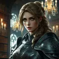 A portrait of Fiora, the noble warrior, in a grand library filled with ancient tomes, her armor gleaming under the soft light of chandeliers, her eyes sharp and focused, rendered in high detail