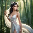 Ahri, portrayed in a playful style, with flowing, translucent tails and a gentle, serene expression, standing in a tranquil bamboo forest at dawn, the soft light enhancing her delicate features.