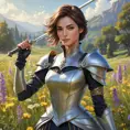 Fiora, the graceful duelist, stands in a sunlit meadow with wildflowers blooming around her, her rapier held elegantly in one hand, her expression calm and confident, digital art style