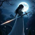 Fiora, the epitome of elegance, is depicted in a serene garden at twilight, her silhouette outlined against the moon, her sword reflecting the soft glow, creating a mystical atmosphere