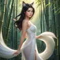 Ahri, in a playful style with flowing, translucent tails and a gentle, serene expression, standing in a tranquil bamboo forest at dawn, the soft light enhancing her delicate features.