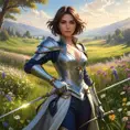 Fiora, the graceful duelist, stands in a sunlit meadow with wildflowers blooming around her, her rapier held elegantly in one hand, her expression calm and confident, digital art style