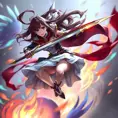 An action shot of Fiora, mid-combat, leaping through the air with her rapier poised to strike, the background a blur of vibrant colors symbolizing her dynamic movements, digital illustration