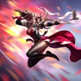 An action shot of Fiora, mid-combat, leaping through the air with her rapier poised to strike, the background a blur of vibrant colors symbolizing her dynamic movements, digital illustration