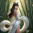 Ahri, portrayed in a playful style, with flowing, translucent tails and a gentle, serene expression, standing in a tranquil bamboo forest at dawn, the soft light enhancing her delicate features.