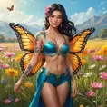 Irelia, with delicate, butterfly tattoos that flutter across her wrists and ankles, dressed in a vibrant, festival-style outfit, standing in a sunlit, flower-filled meadow with her blades sheathed.