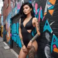 Ahri, sporting bold, geometric tattoos that wrap around her arms and legs, wearing a sleek, black bodysuit, leaning against a graffiti-covered wall in a vibrant, urban alleyway.