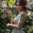 Seraphine, with delicate, butterfly tattoos fluttering across her wrists and ankles, dressed in a sparkling, sequined dress, standing in a serene, garden setting with cherry blossoms falling around her.