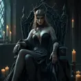 Morgana, adorned with intricate, thorn-inspired tattoos that wrap around her arms and legs, dressed in a regal, medieval-style gown with a deep, plunging neckline, sitting on a throne in a shadowy, candlelit chamber.