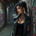 Akali, sporting bold, geometric tattoos that trace the contours of her face and neck, wearing a sleek, leather jacket over a black tank top, leaning against a graffiti-covered wall in a dimly lit, industrial alleyway.