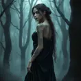 Morgana, with delicate, feather-like tattoos that flutter across her shoulders and down her spine, dressed in a flowing, dark velvet robe, standing in a misty, enchanted forest with ghostly trees surrounding her.