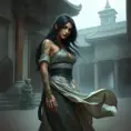 Akali, with delicate, floral tattoos that bloom across her wrists and ankles, dressed in a flowing, assassin's robe that subtly reveals her ink, standing in a misty, ancient temple courtyard.