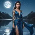 Irelia, adorned with intricate, water-inspired tattoos that wrap around her legs and torso, dressed in a flowing, blue silk dress, standing at the edge of a tranquil, moonlit lake with her blades reflecting the moonlight.