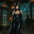 Ahri, the enigmatic fox-woman, clad in form-fitting black leather that accentuates her lithe, feline grace, standing amidst a dimly lit, smoky jazz club with a backdrop of shimmering city lights seen through large, arched windows.