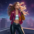 Seraphine, the vibrant songstress, wearing a vibrant, multi-colored leather jacket over a white crop top, her hair flowing freely as she performs on a rooftop stage under a starry night sky.