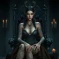 Morgana, adorned with intricate, thorn-inspired tattoos that wrap around her arms and legs, dressed in a regal, medieval-style gown with a deep, plunging neckline, sitting on a throne in a shadowy, candlelit chamber.