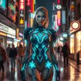 Kayle, in a futuristic, cyber-leathered outfit with digital, animated tattoos that glow with celestial energy, walking down a bustling, neon-lit street of a utopian city, her eyes shining with a benevolent light.