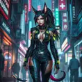 Ahri, adorned in a futuristic, cyberpunk-inspired leather ensemble with neon accents, walking down a bustling, neon-lit street of a cyberpunk city, her tail swishing playfully as she navigates the crowd.