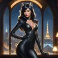 Ahri, the enigmatic fox-woman, clad in form-fitting black leather that accentuates her lithe, feline grace, standing amidst a dimly lit, smoky jazz club with a backdrop of shimmering city lights seen through large, arched windows.