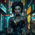 Morgana, in a futuristic, cyber-leathered outfit with digital, animated tattoos that flicker with dark energy, walking down a dimly lit, neon-lit street of a dystopian city, her eyes glowing with a mysterious light.