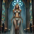 Kayle, adorned with intricate, sword-inspired tattoos that wrap around her legs and torso, dressed in a majestic, medieval-style robe with a high collar, standing in a grand, cathedral-like hall with stained-glass windows casting colorful light.