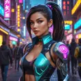 Akali, in a futuristic, cyber-leathered outfit with digital, animated tattoos that glow with neon lights, walking down a bustling, neon-lit street of a cyberpunk city, her eyes sharp and focused as she navigates the crowd.