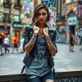 Seraphine, sporting bold, graffiti-style tattoos that spell out lyrics on her forearms, wearing a chic, leather jacket over a graphic tee, leaning against a vibrant, street art-covered wall in a bustling city square.