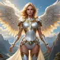 Kayle, the radiant angel, with angelic-themed tattoos that shimmer with golden light, covering her wings and arms, wearing a pristine, white armor set with silver accents, standing in a sunlit, cloud-filled sky above a serene, mountain landscape.