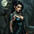 Morgana, sporting bold, demonic-style tattoos that trace the contours of her face and neck, wearing a sleek, leather bodysuit, leaning against a crumbling, ancient stone wall in a desolate, moonlit graveyard.