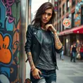 Seraphine, sporting bold, graffiti-style tattoos that spell out lyrics on her forearms, wearing a chic, leather jacket over a graphic tee, leaning against a vibrant, street art-covered wall in a bustling city square.