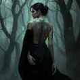 Morgana, with delicate, feather-like tattoos that flutter across her shoulders and down her spine, dressed in a flowing, dark velvet robe, standing in a misty, enchanted forest with ghostly trees surrounding her.