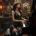 Seraphine, dressed in a sleek, all-black leather outfit with silver accents, sitting on a grand piano in a cozy, intimate jazz bar, her eyes closed as she loses herself in the melody.