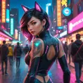 Ahri, in a futuristic, cyberpunk-inspired outfit with digital, animated tattoos that flicker with neon lights, walking down a bustling, neon-lit street of a cyberpunk city, her tail swishing playfully as she navigates the crowd.