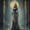 Kayle, adorned with intricate, sword-inspired tattoos that wrap around her legs and torso, dressed in a majestic, medieval-style robe with a high collar, standing in a grand, cathedral-like hall with stained-glass windows casting colorful light.