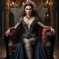 Morgana, adorned with intricate, thorn-inspired tattoos that wrap around her arms and legs, dressed in a regal, medieval-style gown with a deep, plunging neckline, sitting on a throne in a shadowy, candlelit chamber.