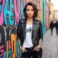 Seraphine, sporting bold, graffiti-style tattoos that spell out lyrics on her forearms, wearing a chic, leather jacket over a graphic tee, leaning against a vibrant, street art-covered wall in a bustling city square.